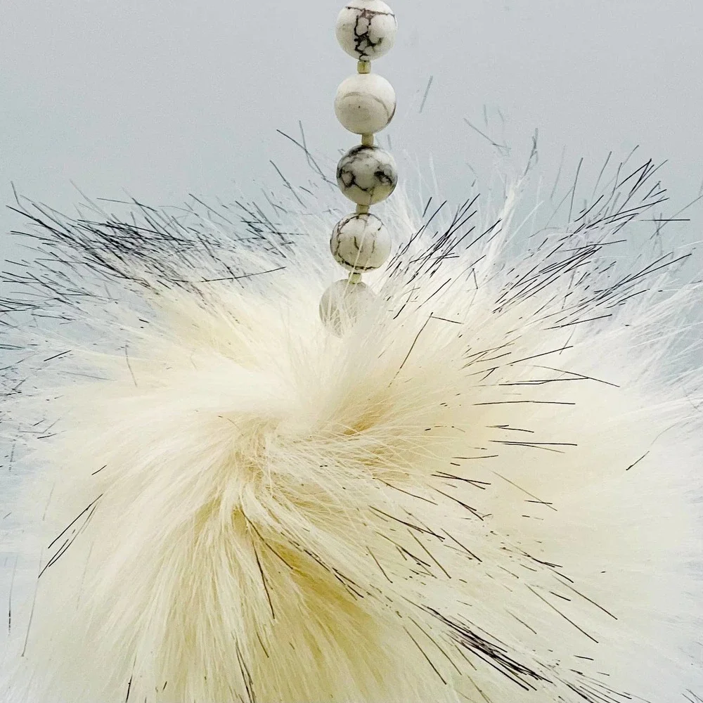 Handmade Faux Fur Pompom Keychain Bag Charm Howlite Beads White Gray Silver